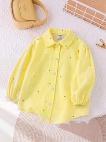 SHEIN Blouse à manches longues jaune décontractée pour jeune fille avec imprimé citron et rayures verticales, chemise élégante et confortable, accessoires jaunes pour fille - Jaune citron - Voir 4