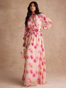 Enchnt Autumn Romantic Women's Elegant Beige Floral Print Lantern Sleeve 3D Long Dress Graduation Garden Party Day Party Wedding Daytime Mother Of The Bride - Pink - View 6