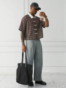 HUEFORM Men's Fashion Plaid Print  Frog-Button Mandarin  Cropped Fit Shirt ,Perfect For Those Who Care About Style In Their Outfits. - Khaki - View 5
