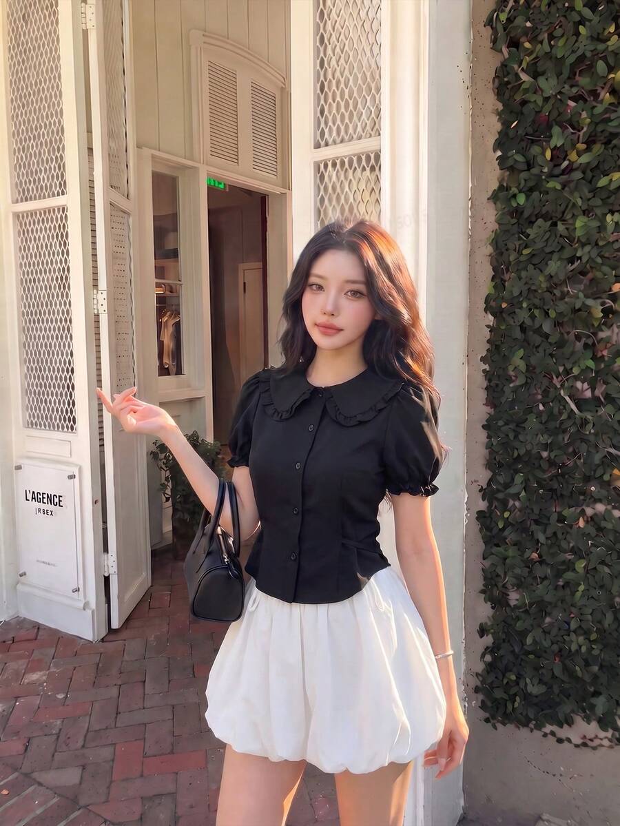SHEIN MOD Peter Pan Collar Slim Fit Puff Short Sleeve Black Shirt, Summer,Short Sleeve Tops Goth Goth