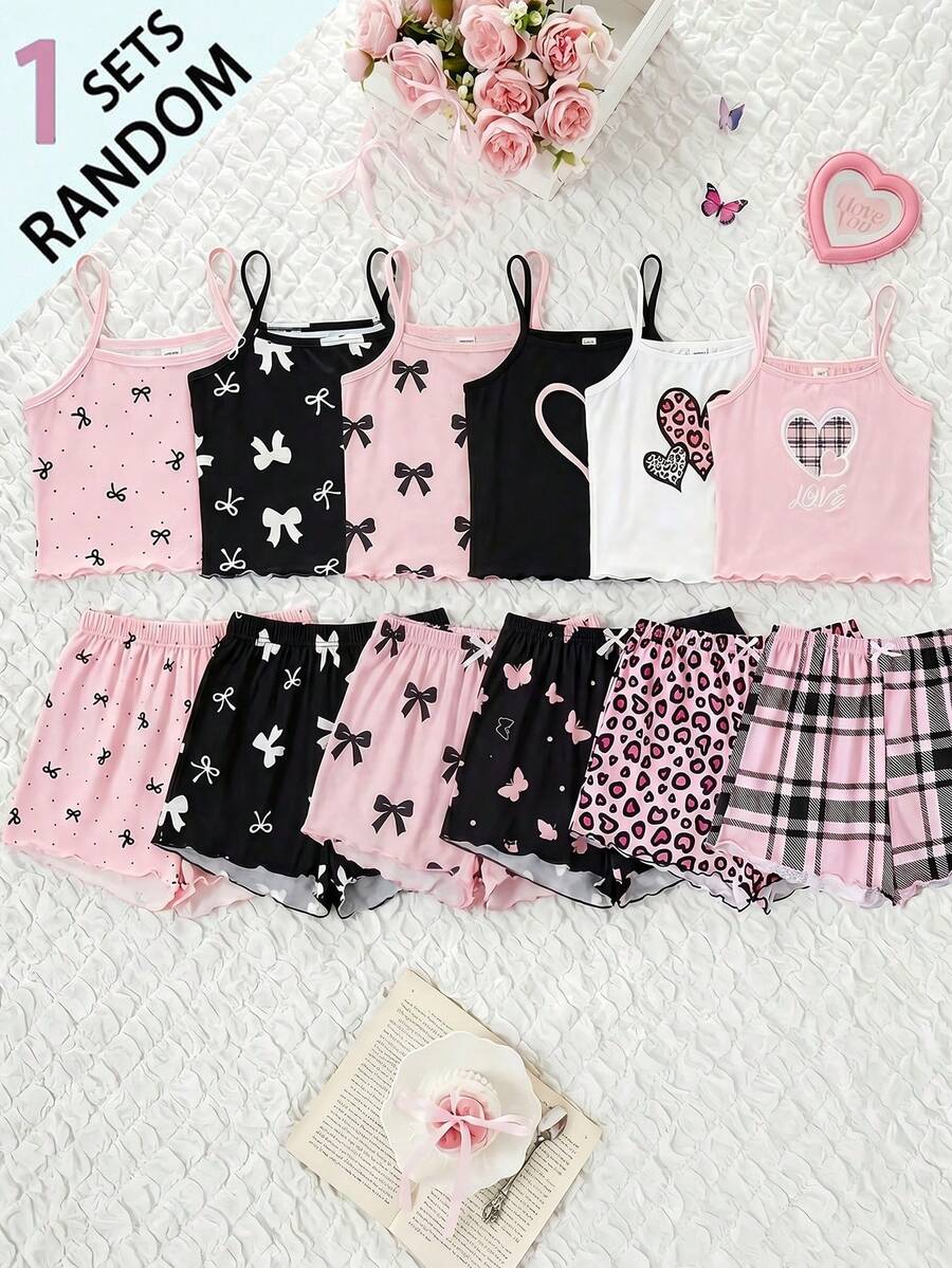 [Dikirim 1 Set Secara Acak] Piyama Anak Perempuan Remaja Musim Panas Model Baru Terlaris dengan Pita, Polkadot, dan Kombinasi Motif Kotak-kotak, Rajutan, dan Hiasan Rumbai, Model Camisole - Berwarna merah muda - View 1