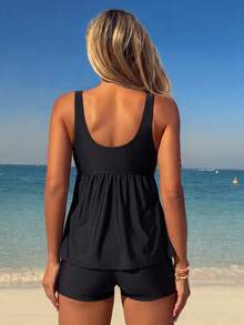 SHEIN Swim 女款黑色純色中腰泳褲與坦克比基尼兩件式套裝，夏季海灘度假極簡休閒日常分體泳衣 - 黑色 - 查看 2