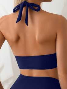 Swim Basics 2件組女款純色肩帶露背比基尼上衣與高腰泳褲，附金色飾品，海灘度假比基尼套裝 - 藏蓝色 - 查看 3