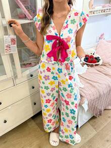 SweetSlumber Y2K Sweet Ins Striped Colorful Floral Print Women's Bubble Crinkle Pajama Set - Multicolor - View 3