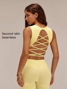 GLOWMODE Ultrafine weiches nahtloses Crisscross-Crush-Strick-Tanktop mit Feuchtigkeitsableitung, offenem Rücken, abnehmbaren Cups, quadratischem Ausschnitt, verkürzt, für Laufen, Fitnessstudio und Workout - French Vanilla - Übersicht 1