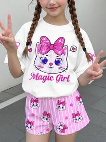 少女休閒極簡可愛亮面紋理卡通小貓圖案，粉色蝴蝶結，奶油粉白色格紋，短袖短褲兩件套，適合夏季，圖案、可愛、Y2K、舒適，女童套裝 - 彩色 - 查看 2