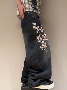 STEELVANCE Men's Distressed Tiger Embroidery Loose Straight Wide Leg Design Denim Jeans - Black - View 5
