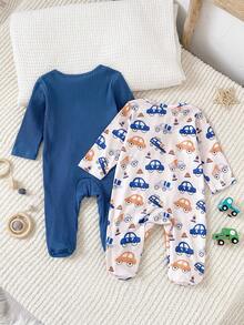 SHEIN Vintaside Kids 2件組四季新生兒居家服，灰藍色羅紋棉布，可愛淺杏色小車印花連身連腳連帽衣 - 藍色 - 查看 2