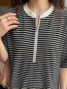 FRIFUL 女款休閒通勤條紋長洋裝 夏季 - 白色 - 查看 2