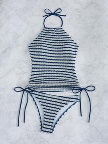 Swim Lushoire 女款條紋抽繩紋理布料細肩帶露背度假比基尼背心上衣 - 藍白色 - 查看 6