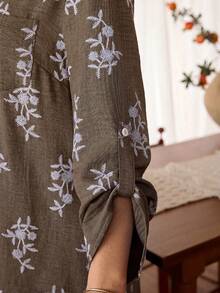 Lacomfia 簡約休閒仿刺繡長袖寬鬆標準版型大尺碼洋裝，適合春夏穿著 - 咖啡棕 - 查看 6
