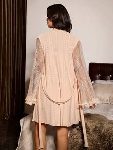 Slumberist 2pcs/Set Women's Heavy Embellished 3D Petal Cuff Hollow Cinching Waist Robe & Sexy Bodycon Spaghetti Strap Nightgown Loungewear - Apricot - View 2