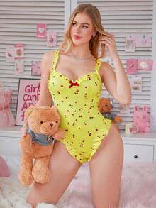 PetitDoll Pink Ruffle Trim Spaghetti Strap Sweet Cherry Pattern Women's Jumpsuit - Yellow - View 5
