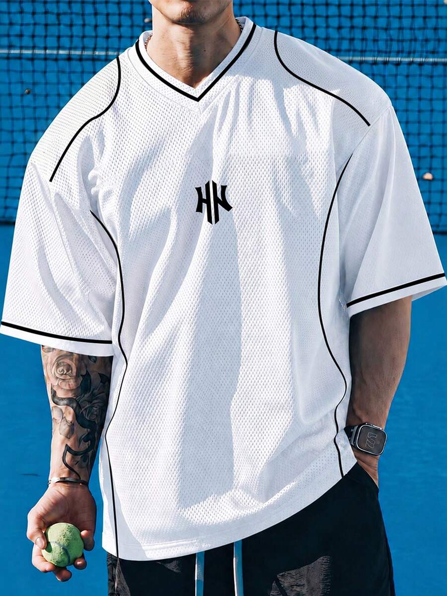 Manfinity Gritte Field Jersey Basket Pria Bergaris Warna Blok, Model Leher V, Lengan Pendek, Gaya Fashion. - MultiWarna - View 1