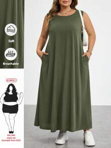 SHEIN CURVE+ 大尺碼女款夏季洋裝，女款度假洋裝，畢業禮服，商務休閒女款洋裝，女款辦公洋裝，新時尚休閒通勤套裝，條紋無袖口袋長洋裝，A字裙，黑白條紋洋裝 - 軍綠色 - 查看 10