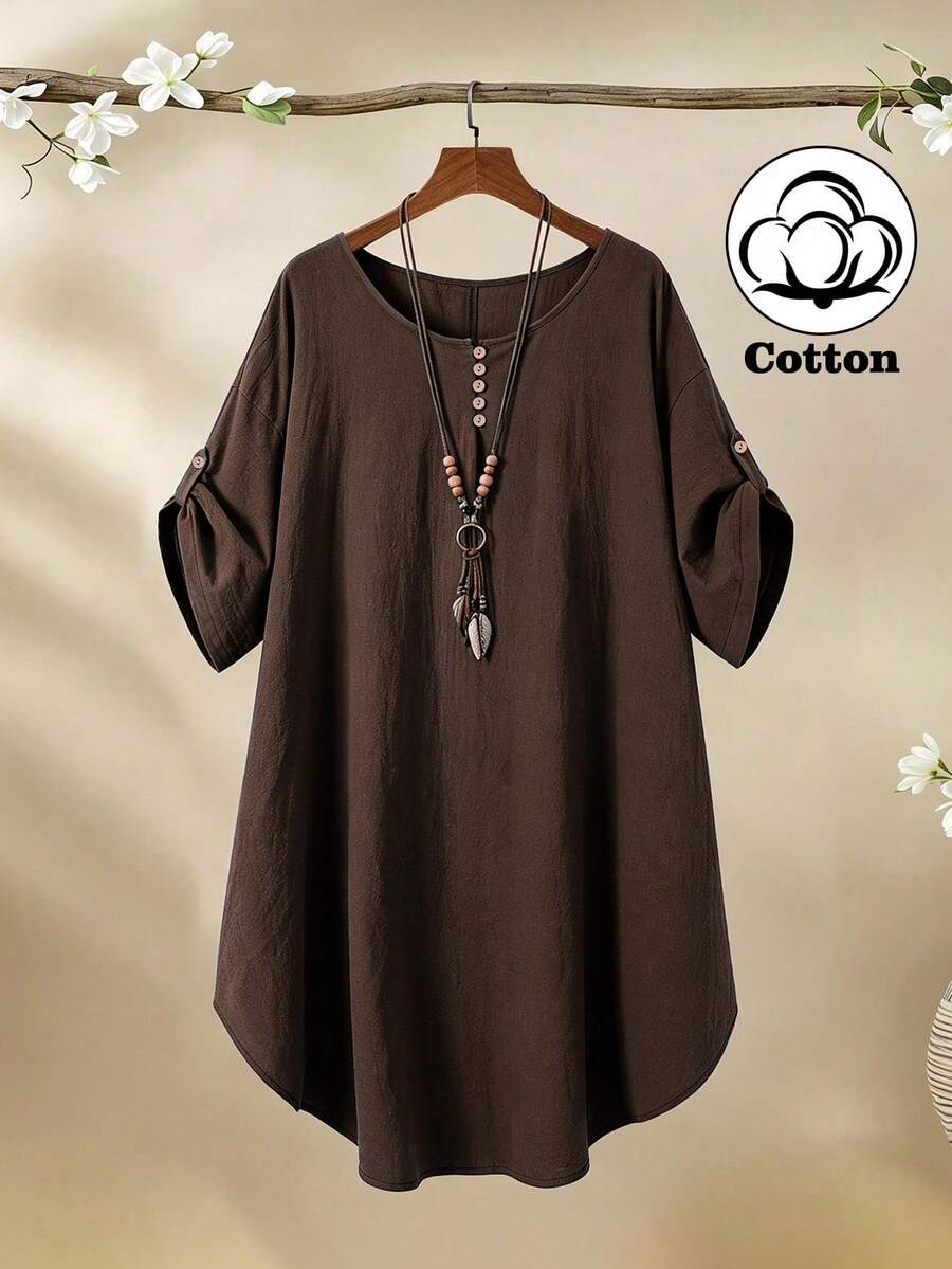 Linhara Plus Size Women's Round Neck Casual Cotton Solid Color Short Sleeve Comfortable Design Plus Size Blouse, Suitable For Daily Commute Wear, Spring/Summer - Brown - View 1