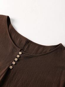 Linhara Plus Size Women's Round Neck Casual Cotton Solid Color Short Sleeve Comfortable Design Plus Size Blouse, Suitable For Daily Commute Wear, Spring/Summer - Brown - View 6