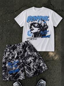 Coolqubz Teen Boys American Street Style Portrait & Letter Print White T-Shirt + Camouflage Letter Shorts 2-Piece Set, Casual Sports Outfit - Multicolor - View 1
