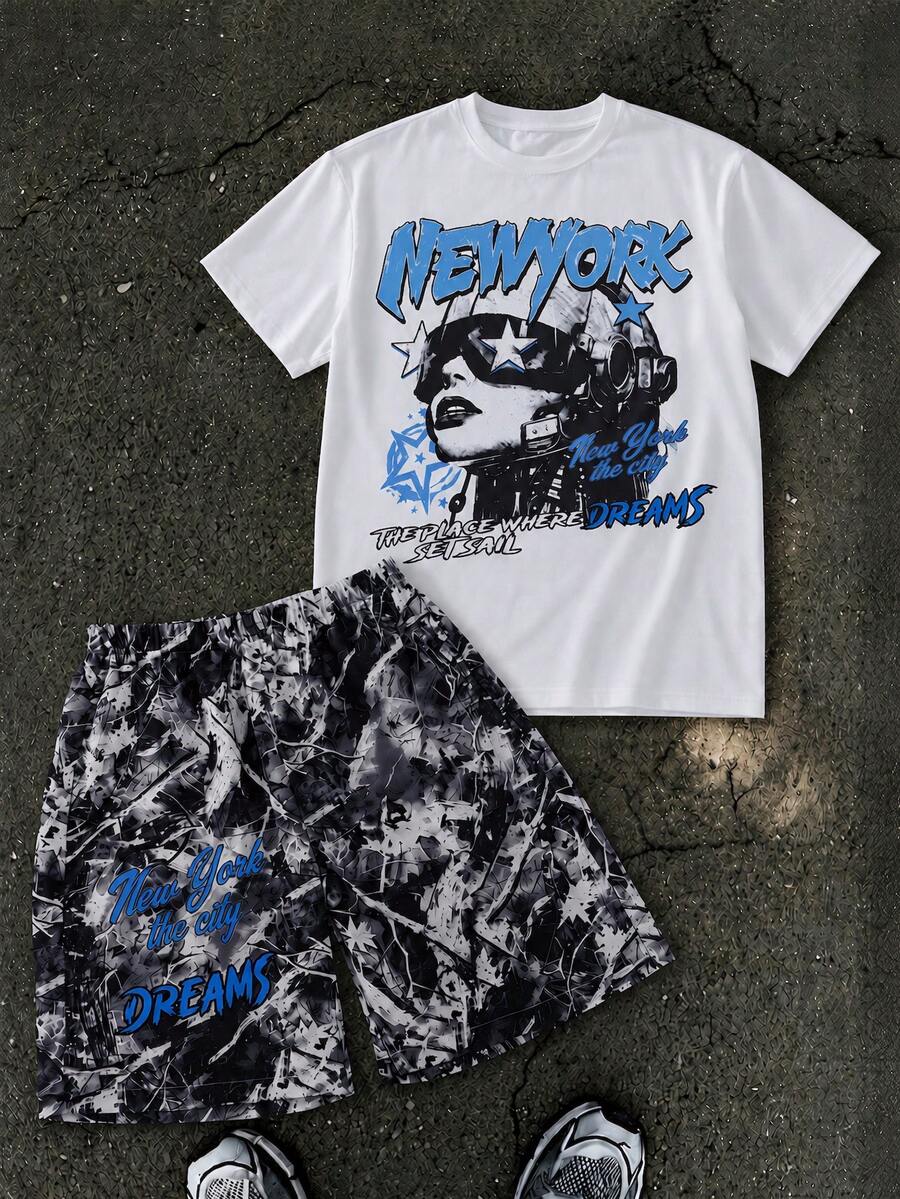 Coolqubz Teen Boys American Street Style Portrait & Letter Print White T-Shirt + Camouflage Letter Shorts 2-Piece Set, Casual Sports Outfit - Multicolor - View 1