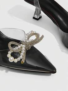 CUCCOO SZL Women Clear Slingback Pumps With Rhinestone And Pearl Embellished Bow Detail Pointed Toe High Heels - Deep coffee PU - View 5