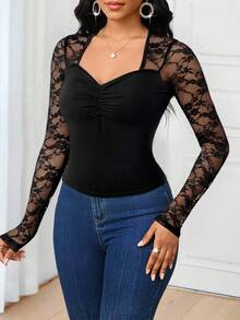 SHEIN Lady 女款法式性感蕾絲透視長袖抓皺襯衫 - 黑色 - 查看 4