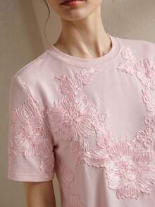 Anewsta Women's New Spring/Summer Elegant Vacation Round Neck Hibiscus Embroidered Short Sleeve Pullover T-Shirt - Baby Pink - View 2