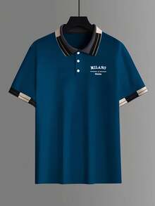 Calvornis 男士珠飾刺繡羅紋領短袖休閒 Polo 衫 - 霧霾藍 - 查看 3