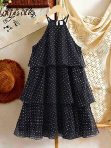 SHEIN Tween Girls' Pearl Chiffon Printed Polka Dot 3-Layer Cake Dress, Suitable For Summer Holidays - Black - View 3