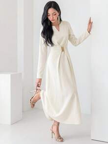 Heiryn Gaun Panjang Wanita Elegan Warna Polos untuk Perjalanan Musim Gugur - Putih Gading - View 10