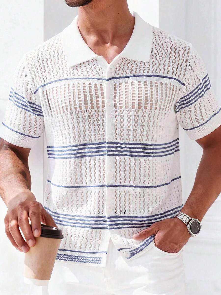 Manfinity Dauomo Men's Contrast Color Striped Hollow Out Lapel Knit Top, Summer Beach Vacation Style Buttonless Short Sleeve Cardigan, Casual & Comfortable - Multicolor - View 1