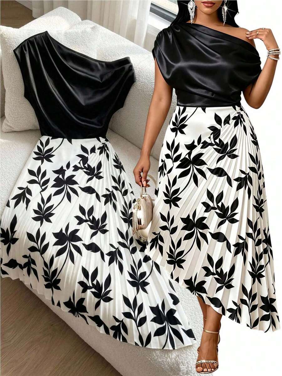 SHEIN Lady Plus Size Women's Asymmetric Neck Leaf Print Color Block Traditional Elegant Party Evening Business Formal Cocktail Dress Black White Summer Wedding - Multicolor - View 1