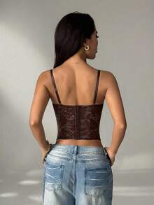 SHEIN PETITE 咖啡棕色蕾絲透視細肩帶上衣，時尚夜店風夏季女款束腰上衣，適合派對約會之夜，小碼女款 - 棕色 - 查看 2