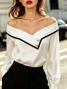 SHEIN Elegant, Versatile Long-Sleeve Shirt For Work Or Leisure: White Off-Theshoulder Design Featuring A Black-And-White Color-Block, Asymmetrical Neckline. - White - View 2