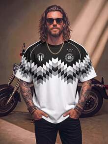 Fenqiro Plus Size Men Geometric Print Round Neck Short Sleeve Casual T-Shirt - Multicolor - View 4