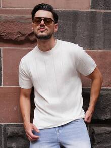 LEOGASHI LEOGASHI Men's Ribbed Crew Neck Short Sleeve Knit Sweater, Spring/Summer - White - View 2
