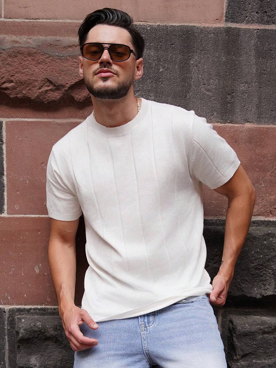 LEOGASHI LEOGASHI Men's Ribbed Crew Neck Short Sleeve Knit Sweater, Spring/Summer