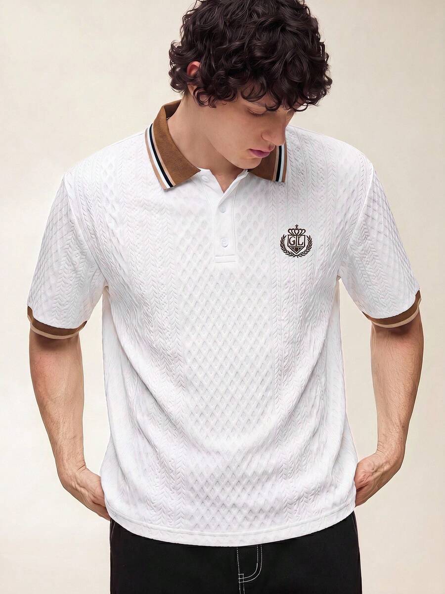 Limitiso 男士纹理纯色珠地针织 Polo 衫学院风图案 Polo 衫男士高尔夫球衫 - 白色 - 查看 1