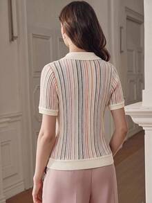 Anewsta Essential 女款夏季彩色條紋 Polo 領短袖上衣，可愛休閒設計 - 杏色 - 查看 7