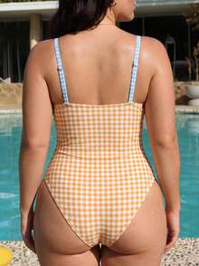 Swim Mod 2026 New Summer Beach Vacation Plaid Pattern Women's One-Piece Swimsuit, Sexy Casual Vacation Minimalist Sweet Cute Backless One-Piece Swimwear, Spring/Summer Plus Size One-Piece Swimsuit - Multicolor - View 2