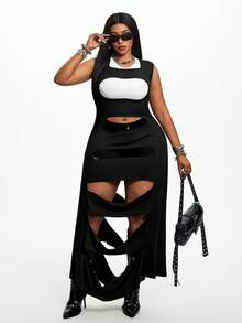 Maweii Robe longue élégante pour femmes grandes tailles, noire, sans manches, design ajouré, fente, drapée, asymétrique, sexy, style de rue, personnalisée, robe d'été amincissante asymétrique - Noir - Voir 2