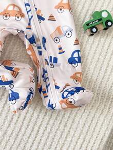 SHEIN Vintaside Kids 2件組四季新生兒居家服，灰藍色羅紋棉布，可愛淺杏色小車印花連身連腳連帽衣 - 藍色 - 查看 7