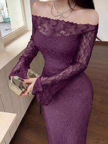 Feyla 女款優雅純色蕾絲露肩長洋裝 - 中紫紅色 - 查看 3