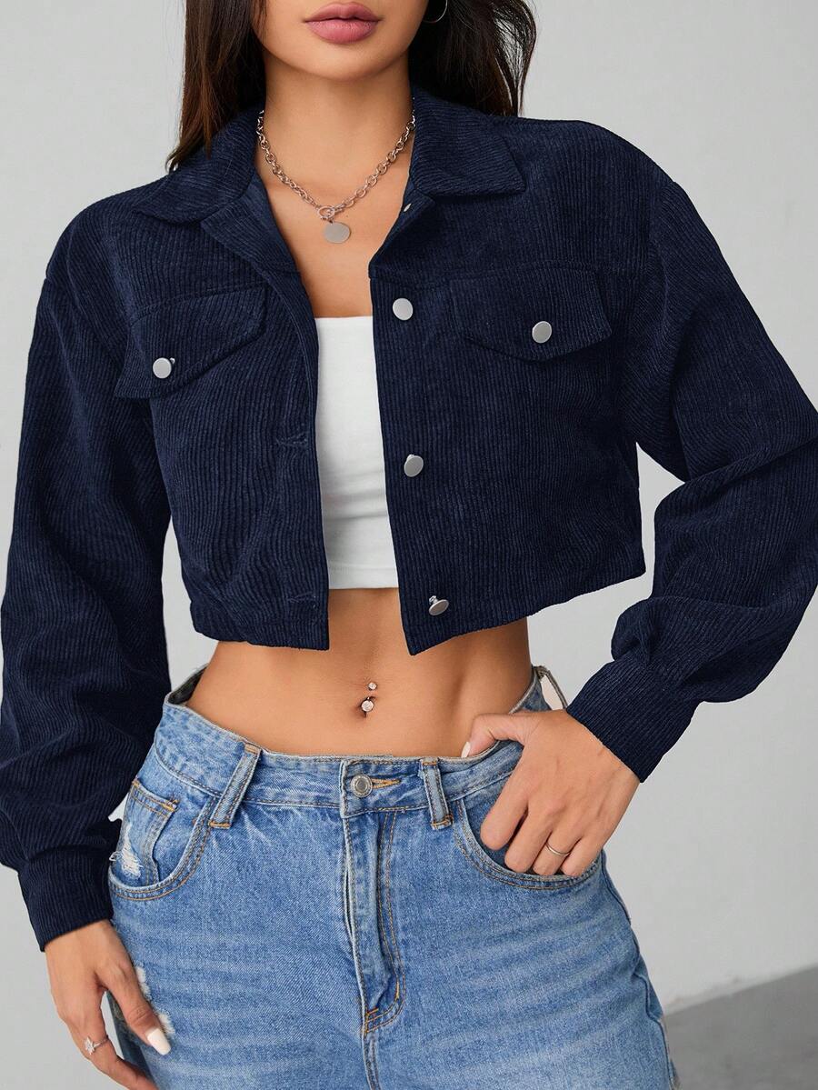 SHEIN PETITE Spring Outfits Drop Shoulder Flap Detail Crop Corduroy Black Jacket In Fall/Winter - Navy Blue - View 1