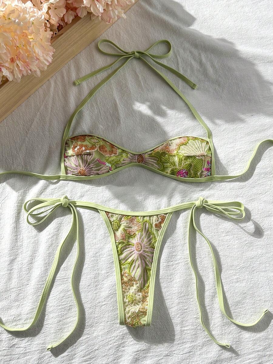Swim Vcay 2件組春夏海灘度假花卉亮片紋理布料掛脖式平胸比基尼上衣與側綁繩丁字褲性感比基尼套裝 - 彩色 - 查看 1