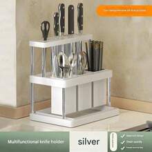 SHEIN 1Pc Multifunctional Knife And Fork Holder Rack,Space Saving Utensil Holder With Removable Water Catch Tray,Utensil Drainer For Kitchen Sink Countertop Green&White Chopsticks Rack Organizer For Knife,Spoon, Fork For Kitchen Bathroom Restaurant,Plastic Version - Multicolor - View 18