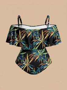 Swim Oasis 大尺碼度假風植物印花連身泳衣與遮罩裙 2 件套組 - 黑色 - 查看 5