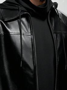 IRON GLYPH Men's Cropped Long Sleeve Leather Jacket Zip Ups Men Motorcycle Jackets Black Crop For Up Techwear Fall Winter - Black - View 3