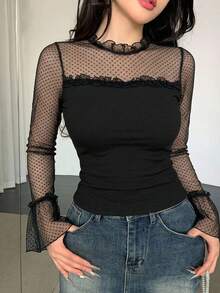 DAZY 女款黑色蕾絲飾邊拼接修身優雅通勤透視網紗短袖上衣，適合夏季與秋季，適用婚禮、宴會與派對 - 黑色 - 查看 6