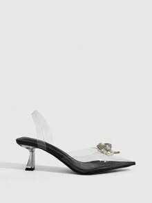 CUCCOO SZL Women Clear Slingback Pumps With Rhinestone And Pearl Embellished Bow Detail Pointed Toe High Heels - Deep coffee PU - View 2