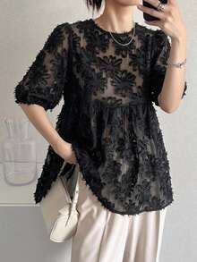 FRIFUL Blusa de verano casual para mujer con corte de abertura y volantes en unicolor - Negro - View 5